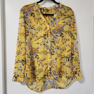 Long Sleeve Floral Yellow Button Down Top w/ Purple White Brown Details
